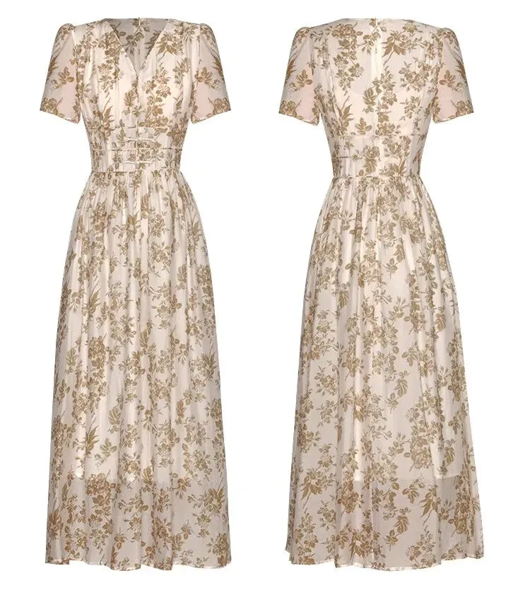 Mariela  V-Neck Short Sleeve Beading Disc Buckle Flower Print Vintage Long Dress