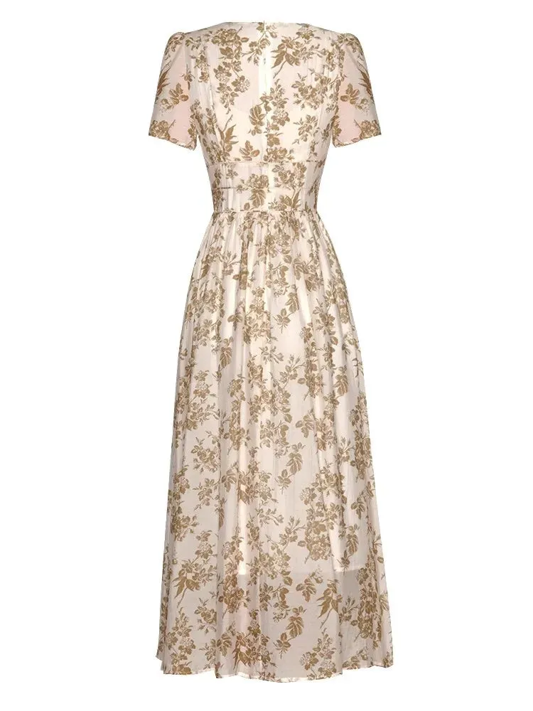 Mariela  V-Neck Short Sleeve Beading Disc Buckle Flower Print Vintage Long Dress