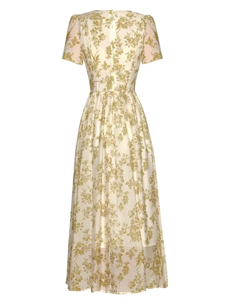 Mariela  V-Neck Short Sleeve Beading Disc Buckle Flower Print Vintage Long Dress