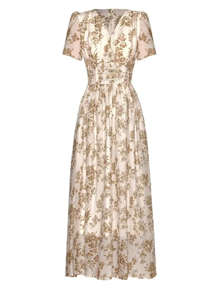 Mariela  V-Neck Short Sleeve Beading Disc Buckle Flower Print Vintage Long Dress