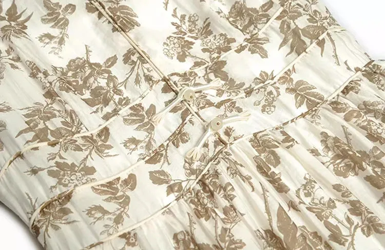 Mariela  V-Neck Short Sleeve Beading Disc Buckle Flower Print Vintage Long Dress