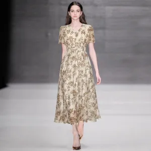Mariela  V-Neck Short Sleeve Beading Disc Buckle Flower Print Vintage Long Dress