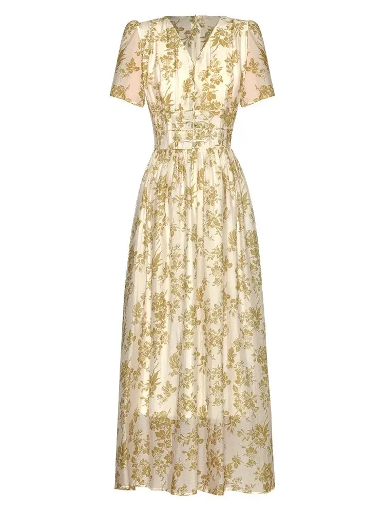 Mariela  V-Neck Short Sleeve Beading Disc Buckle Flower Print Vintage Long Dress