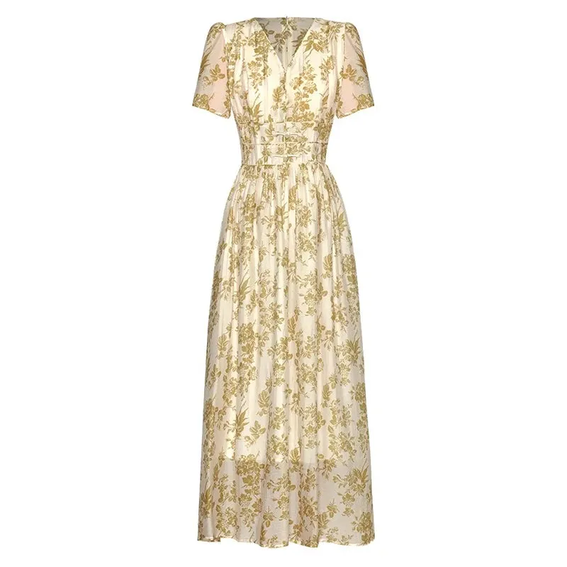 Mariela  V-Neck Short Sleeve Beading Disc Buckle Flower Print Vintage Long Dress