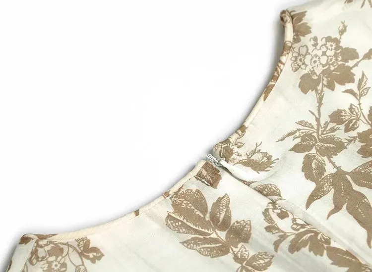 Mariela  V-Neck Short Sleeve Beading Disc Buckle Flower Print Vintage Long Dress