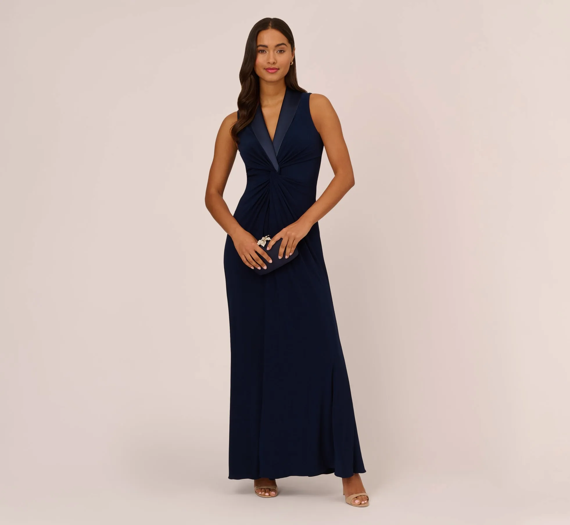 Matte Jersey Twist Front Tuxedo Long Gown In Midnight