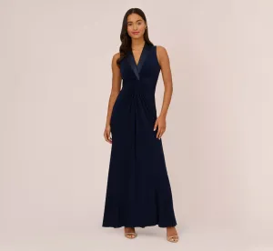 Matte Jersey Twist Front Tuxedo Long Gown In Midnight