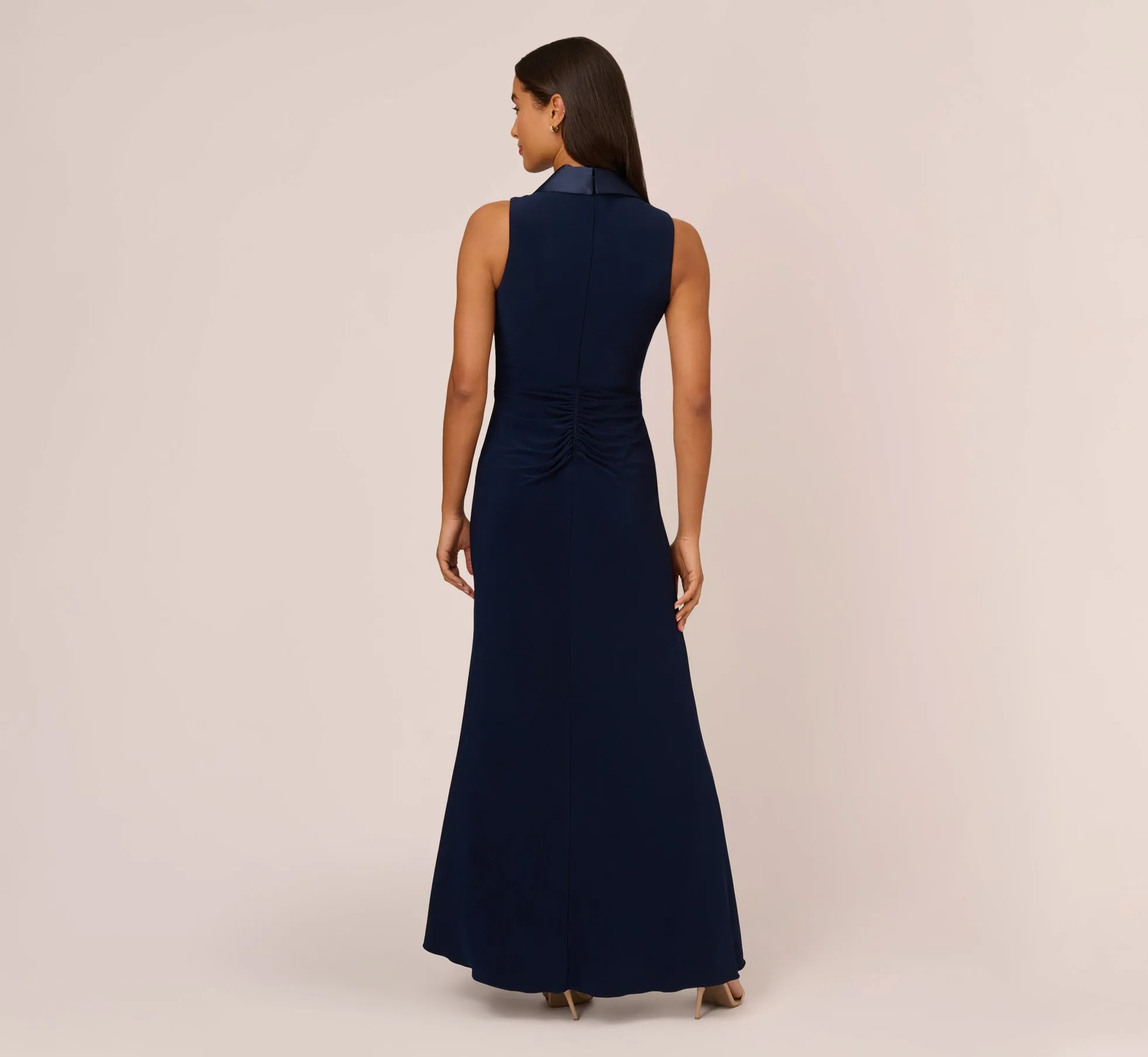 Matte Jersey Twist Front Tuxedo Long Gown In Midnight