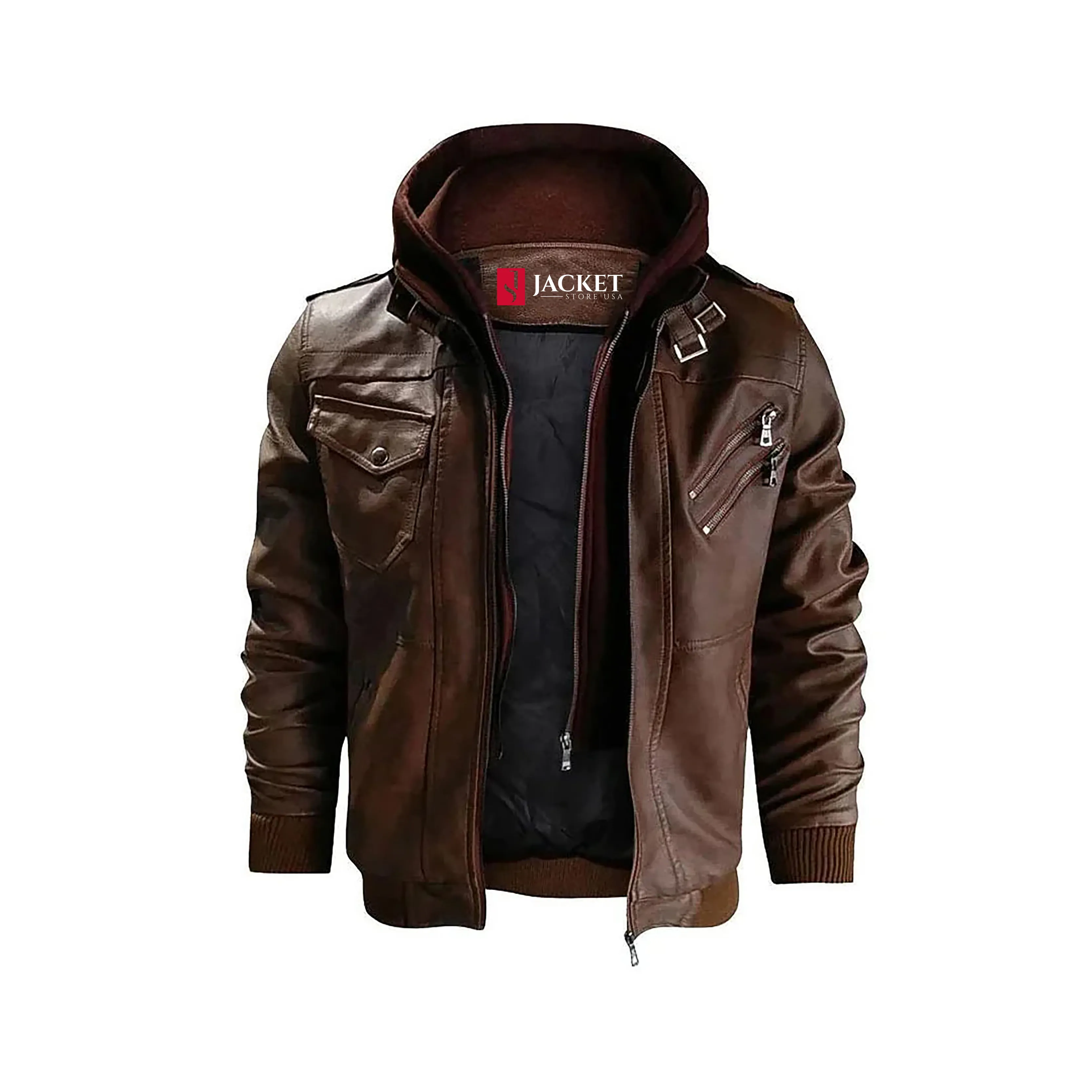 Men™s Guerrilla Leather Hooded Jacket “  Real Leather, YKK Zipper, 4 Pockets