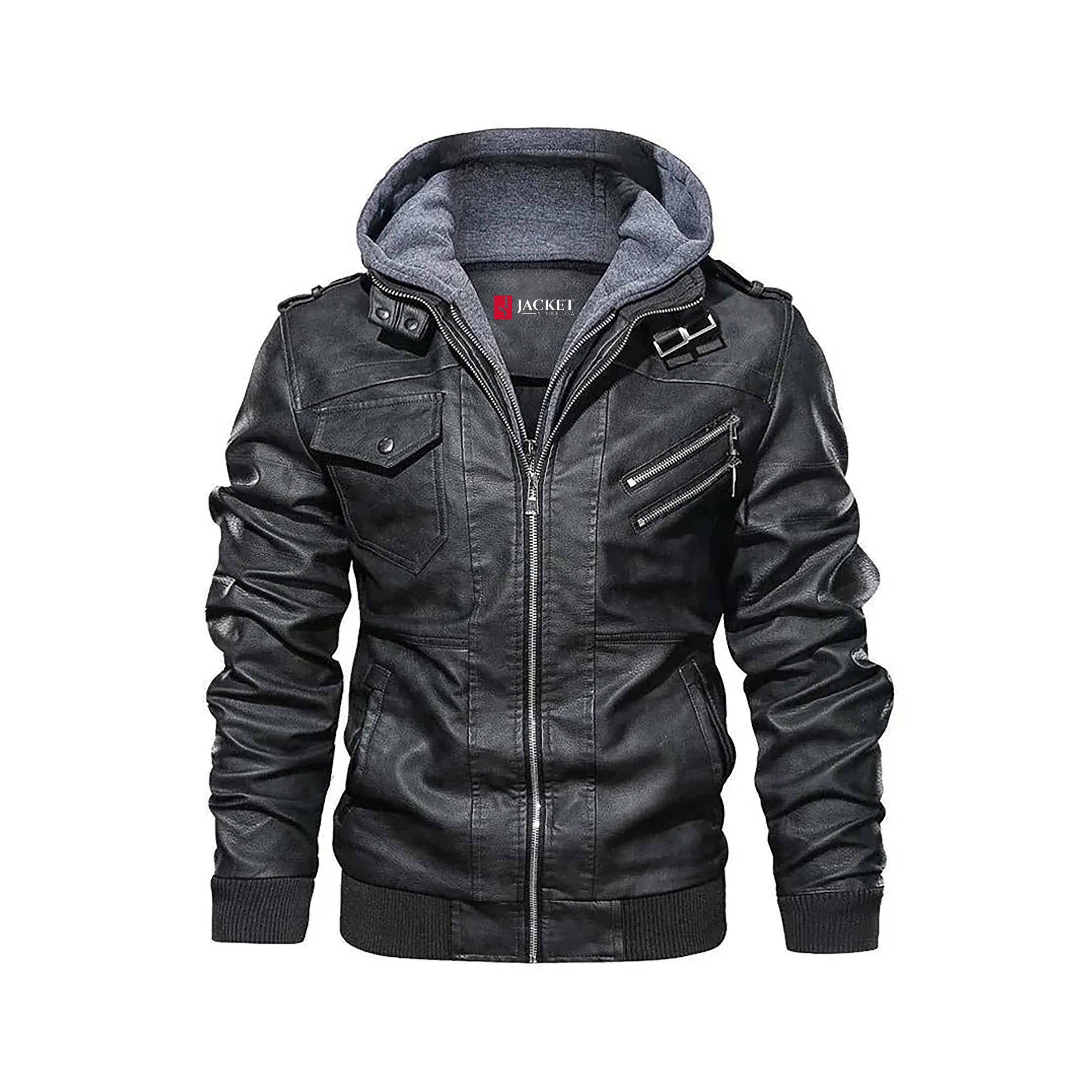 Men™s Guerrilla Leather Hooded Jacket “  Real Leather, YKK Zipper, 4 Pockets