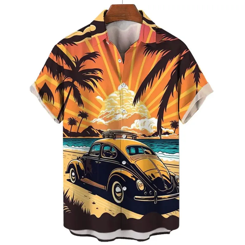 Men's Hawaiian Car Print Short Sleeve Shirt