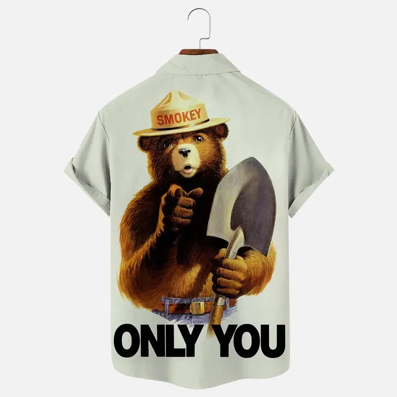 Men's Retro Cartoon Forest Bear Poster Print Short Sleeve Shirt