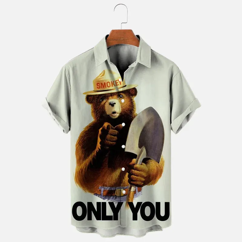 Men's Retro Cartoon Forest Bear Poster Print Short Sleeve Shirt