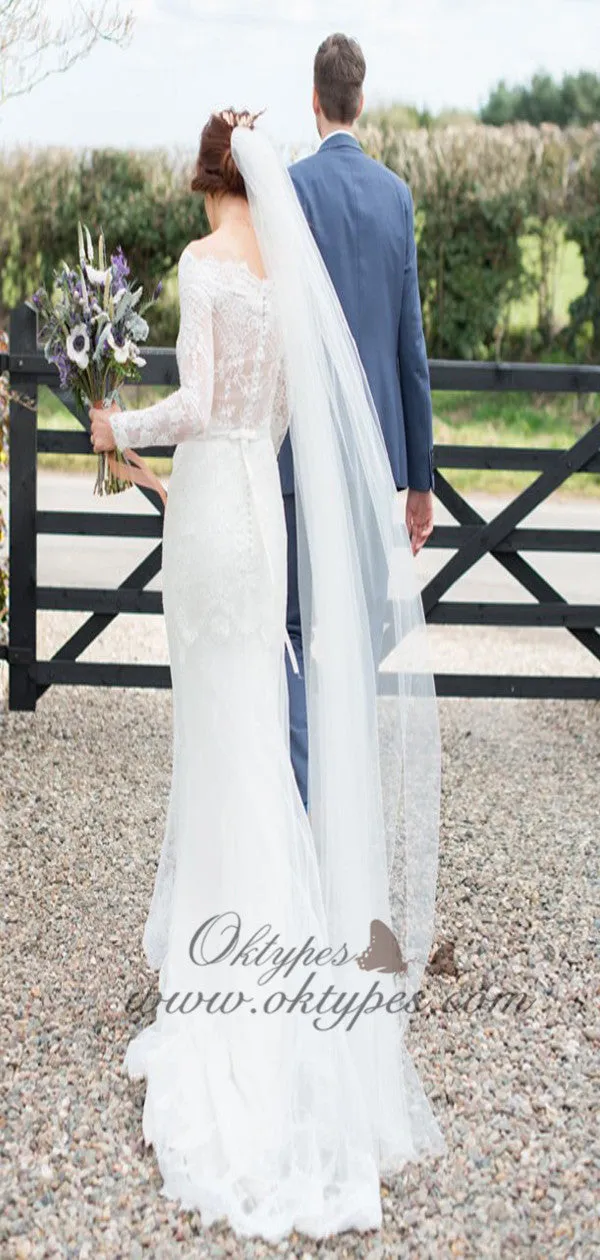 Mermaid Off-the-Shoulder Long Sleeves Sweep Train Wedding Dress with Lace, TYP1412