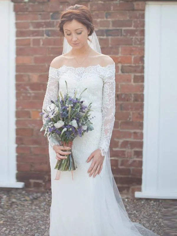 Mermaid Off-the-Shoulder Long Sleeves Sweep Train Wedding Dress with Lace, TYP1412