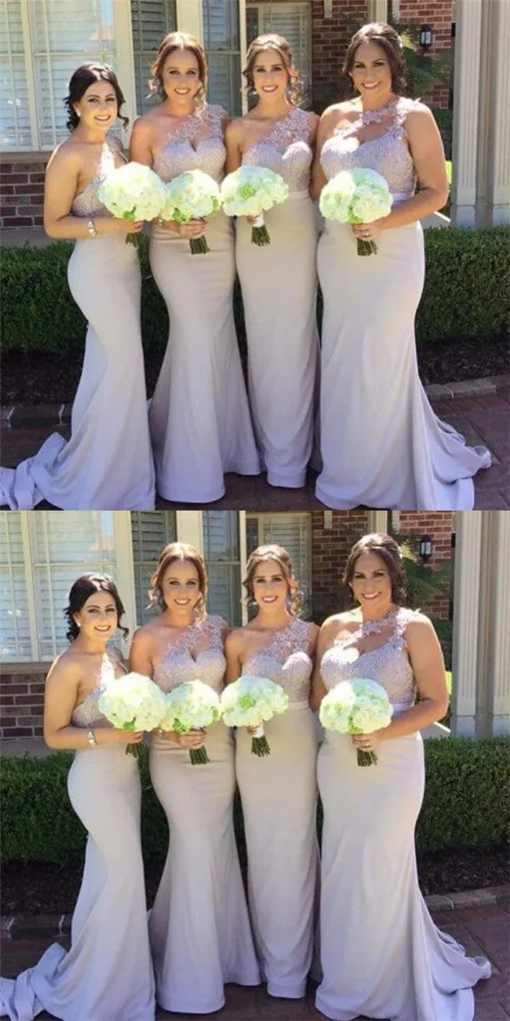 Mermaid One Shoulder Long Cheap Lilac Bridesmaid Dresses with Lace Appliques, QB0164