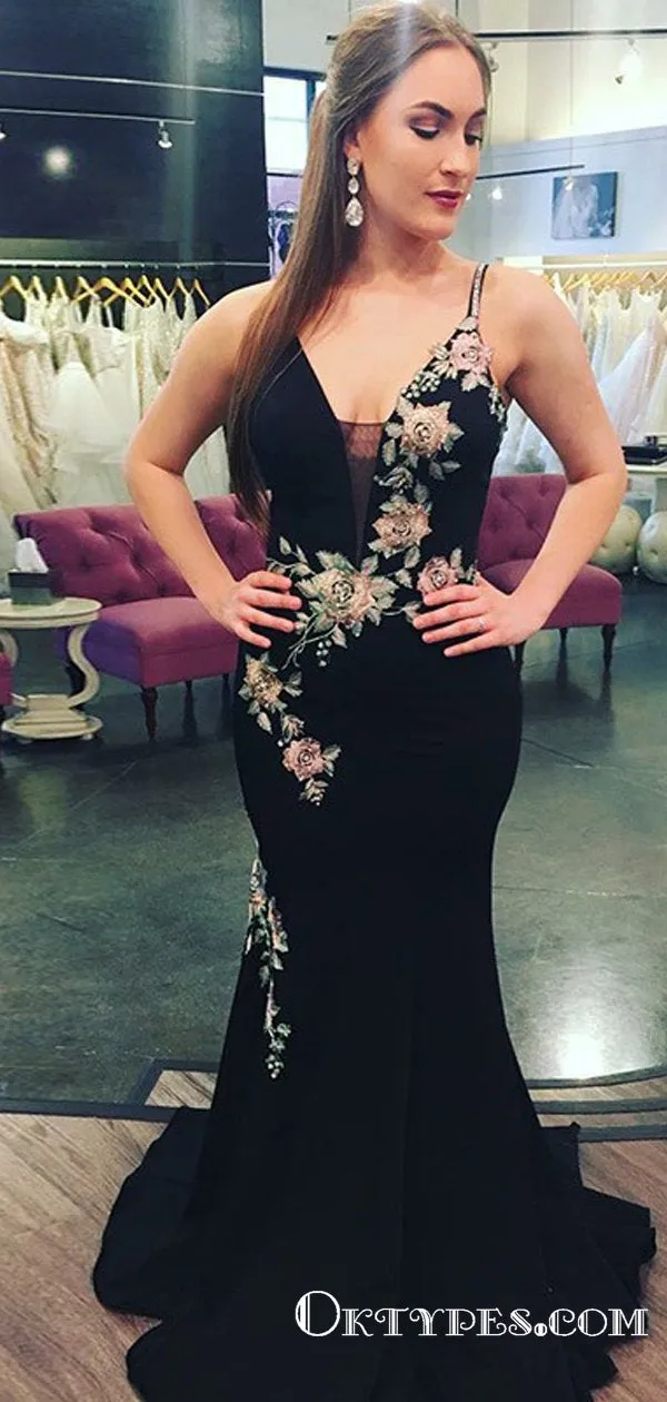 Mermaid Spaghetti Straps Long Black Prom Dresses with Appliques, TYP1827