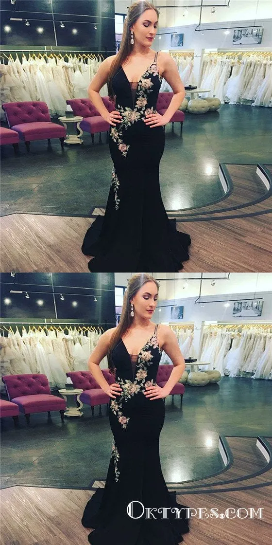 Mermaid Spaghetti Straps Long Black Prom Dresses with Appliques, TYP1827