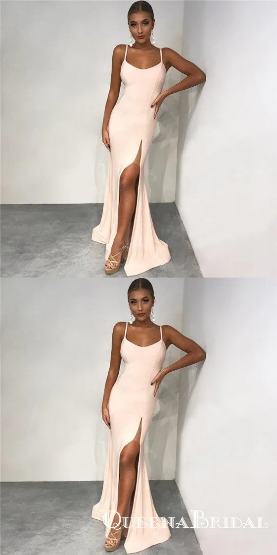 Mermaid Spaghetti Straps Long Cheap Blush Pink Prom Dresses with Split, QB0503