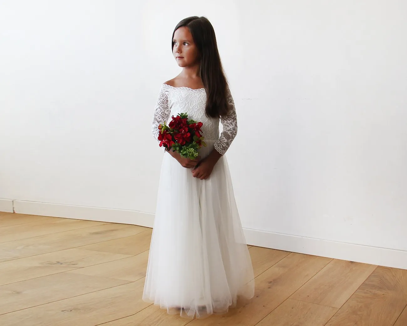Mini Me Collection  Off-The-Shoulder Ivory Lace & Tulle Dress #1134