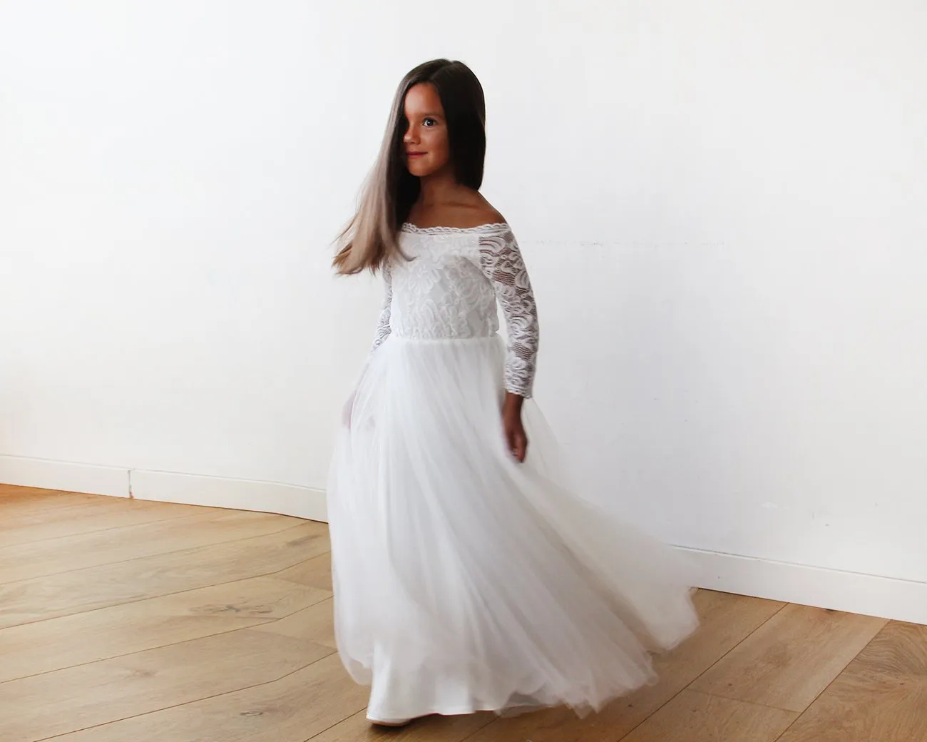 Mini Me Collection  Off-The-Shoulder Ivory Lace & Tulle Dress #1134