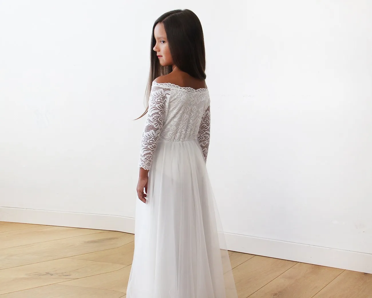Mini Me Collection  Off-The-Shoulder Ivory Lace & Tulle Dress #1134