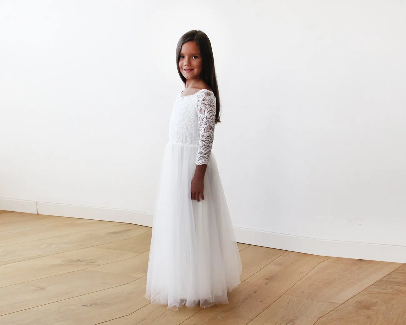 Mini Me Collection  Off-The-Shoulder Ivory Lace & Tulle Dress #1134