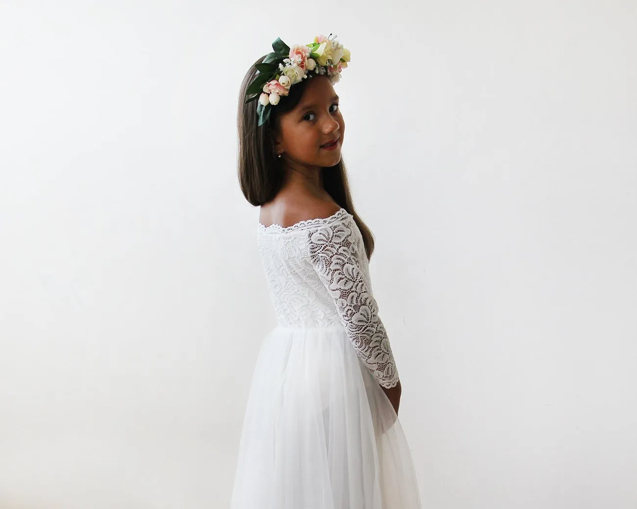 Mini Me Collection  Off-The-Shoulder Ivory Lace & Tulle Dress #1134