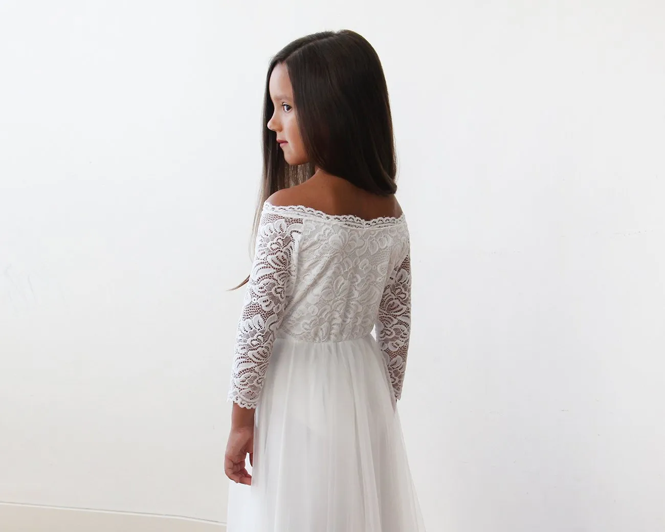 Mini Me Collection  Off-The-Shoulder Ivory Lace & Tulle Dress #1134