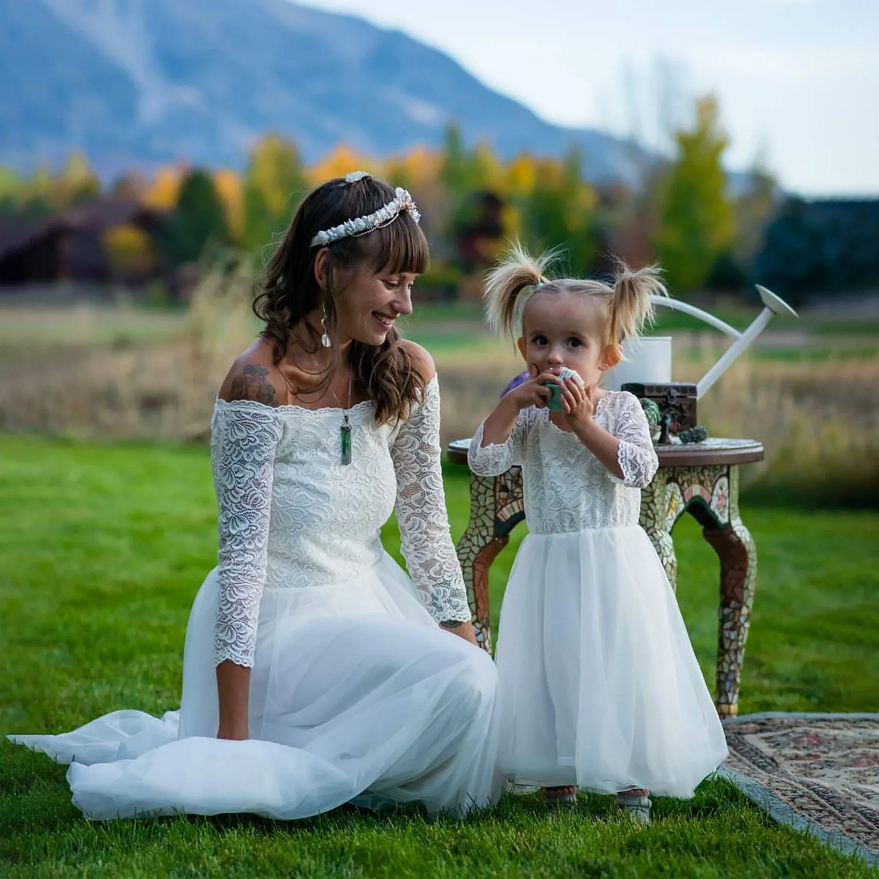 Mini Me Collection  Off-The-Shoulder Ivory Lace & Tulle Dress #1134