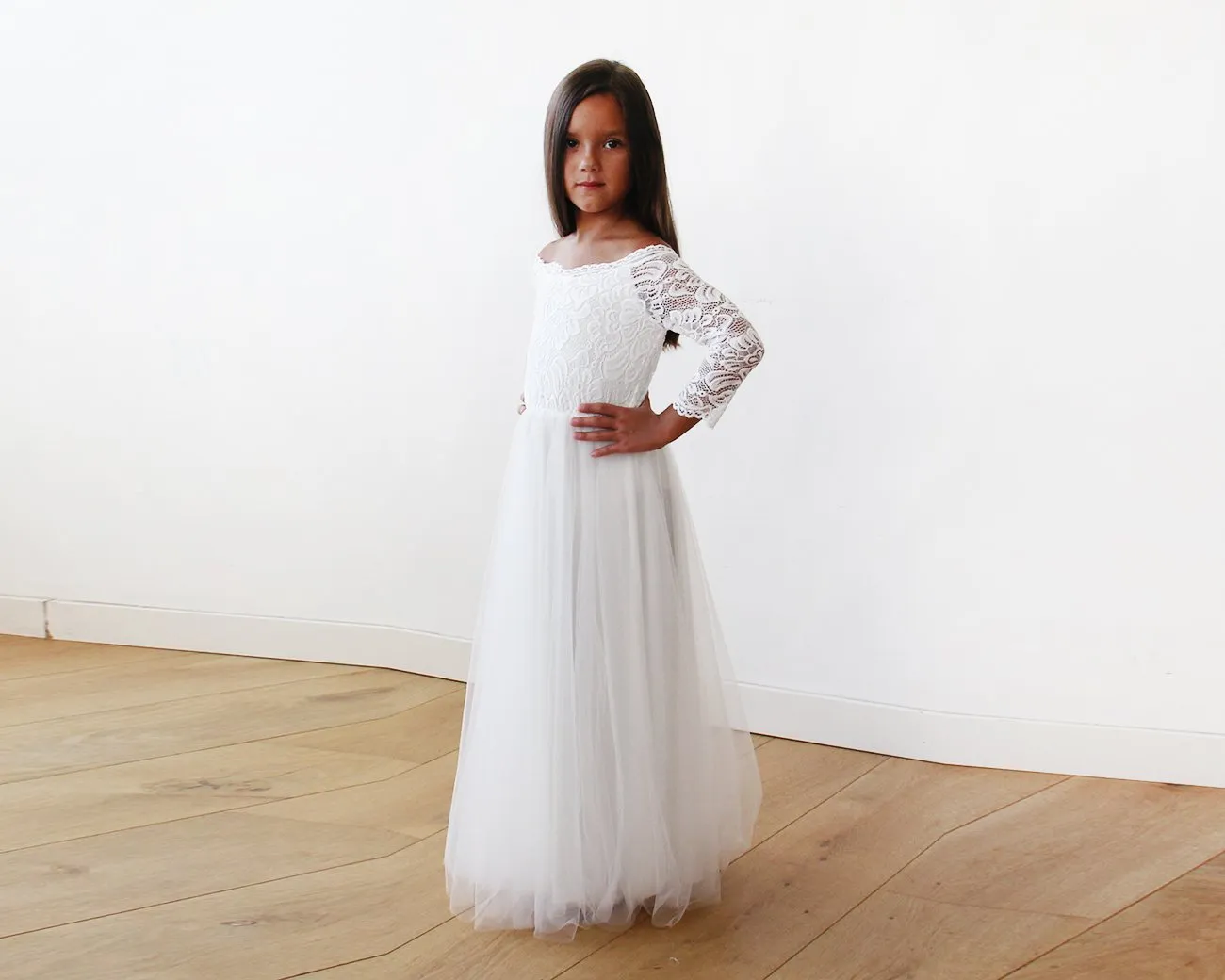 Mini Me Collection  Off-The-Shoulder Ivory Lace & Tulle Dress #1134