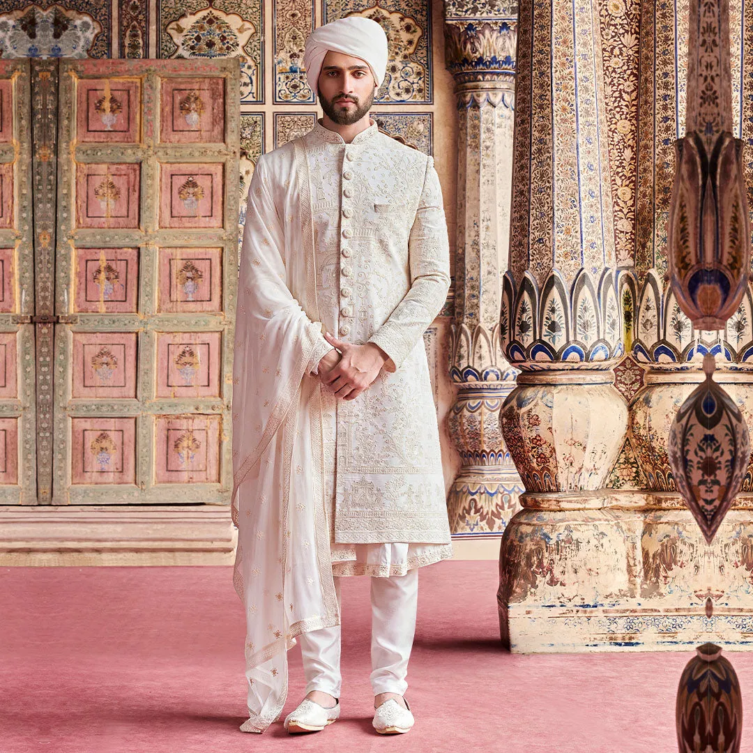 Minimal White Embroidered  Sherwani  for Men
