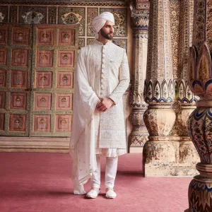 Minimal White Embroidered  Sherwani  for Men