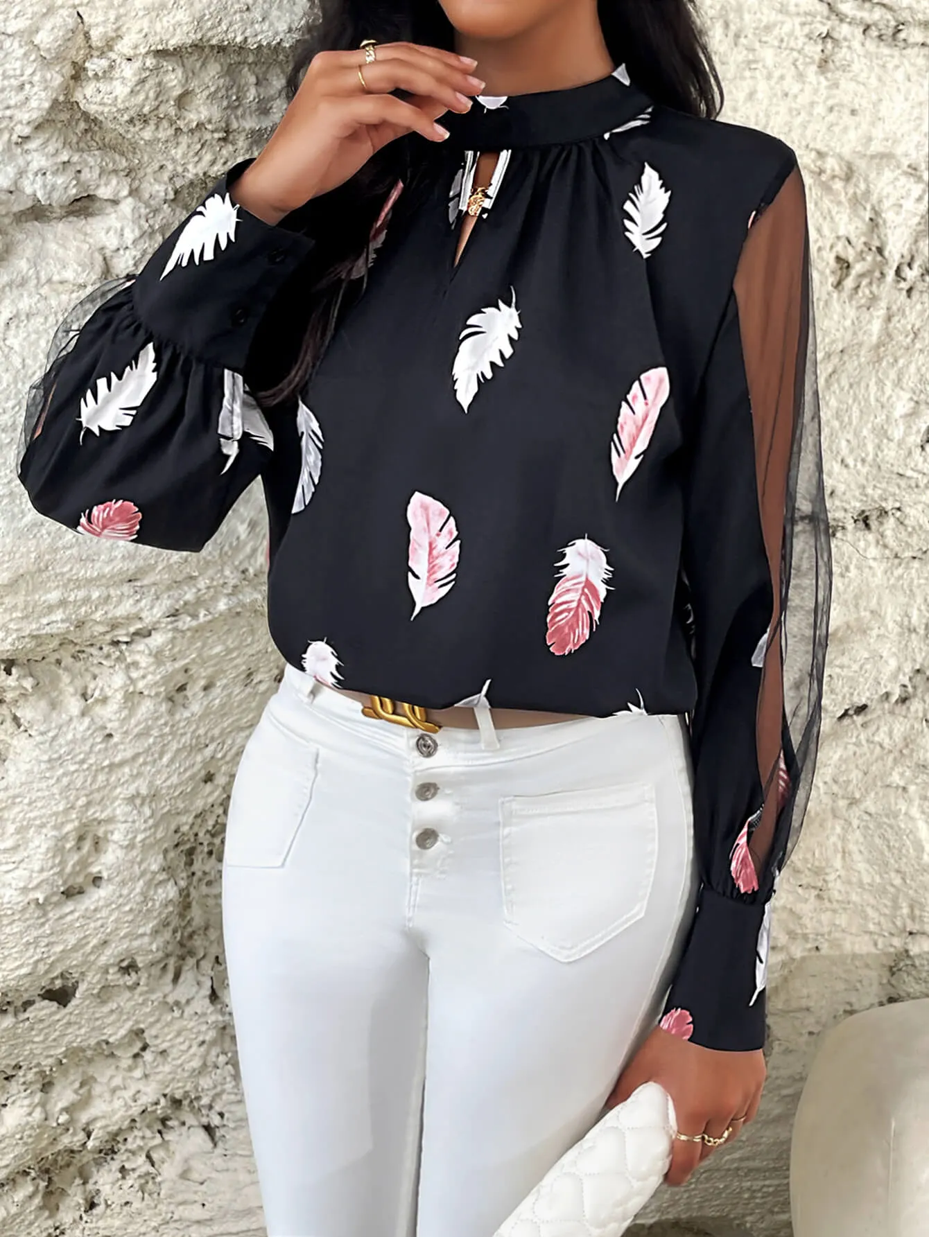 Misfortune Mesh Sleeve Feather Blouse