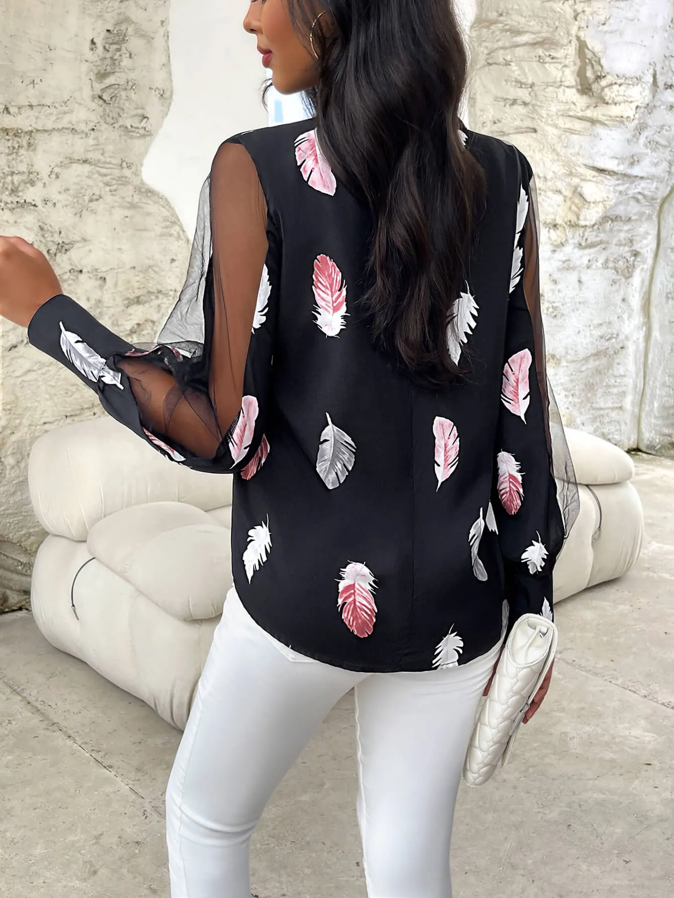 Misfortune Mesh Sleeve Feather Blouse