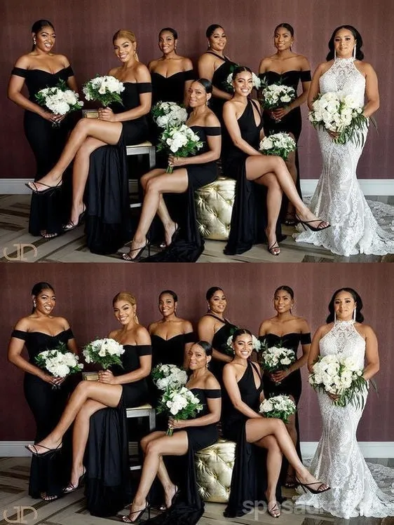 Mismatched Sexy Black Mermaid Side Slit Maxi Long Wedding Guest Bridesmaid Dresses,WG1751