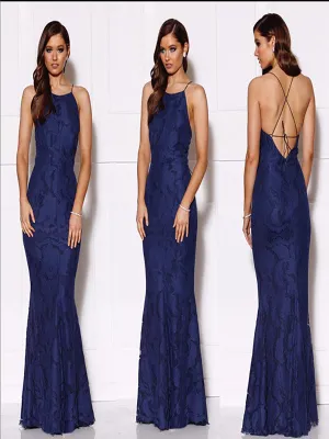 Navy Sexy Lace Halter Sleeveless Open Back Mermaid Prom Dresses, PDS0297