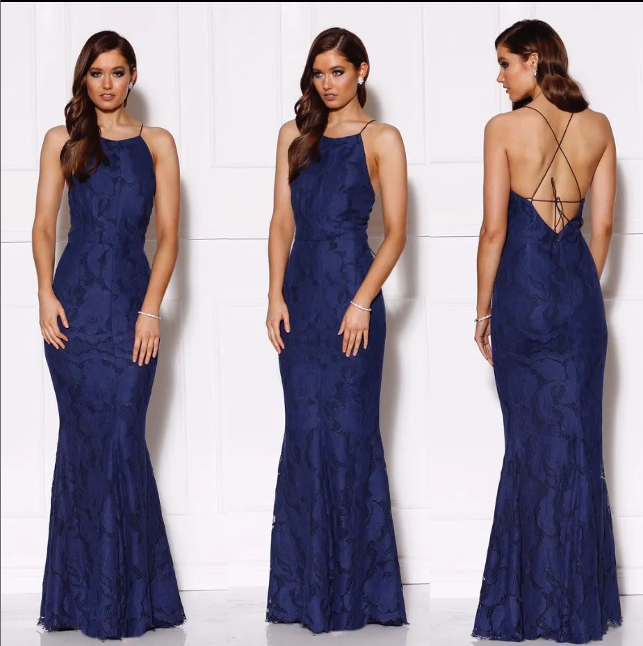 Navy Sexy Lace Halter Sleeveless Open Back Mermaid Prom Dresses, PDS0297