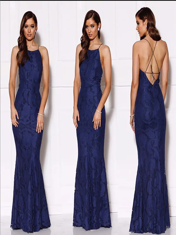 Navy Sexy Lace Halter Sleeveless Open Back Mermaid Prom Dresses, PDS0297