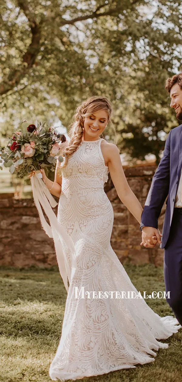 Newest Halter Mermaid Sleeveless Lace Long Wedding Dresses, WDS0073