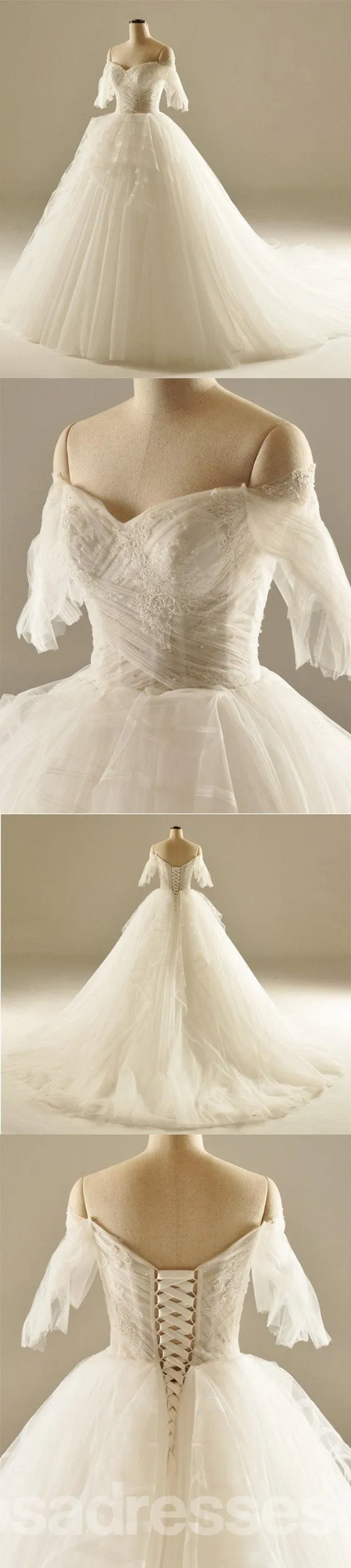 Off Shoulder A line Tulle Wedding Dresses,  2017 Long Sleeve Custom Wedding Gowns, Affordable Bridal Dresses, 18003