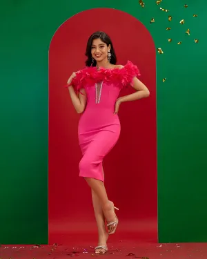 Off Shoulder Feather Trim Bandage Dress