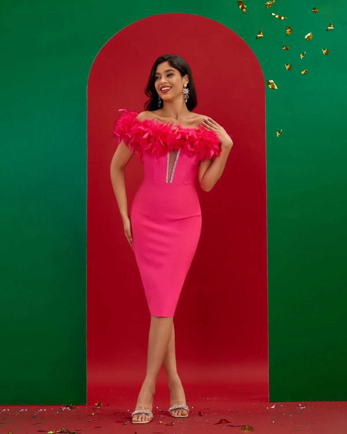 Off Shoulder Feather Trim Bandage Dress