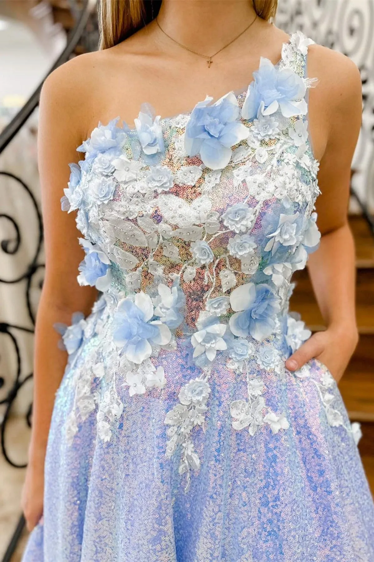 One Shoulder Lilac Lace Floral Long Prom Dress, One Shoulder Lilac Formal Dress, Lilac Evening Dress with 3D Flowers A2010
