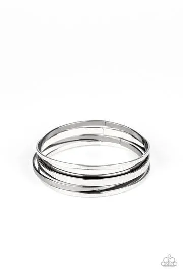 Paparazzi " Ensnared " Silver & Gunmetal Smooth High Polish Bangles Set of 5