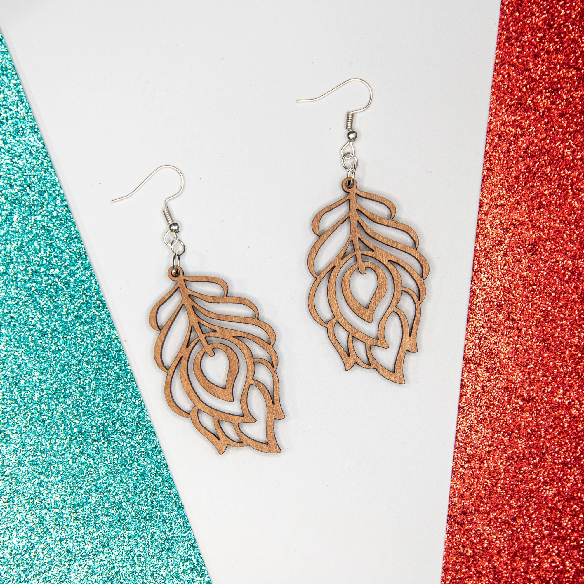 Peacock Feather Wood Earrings
