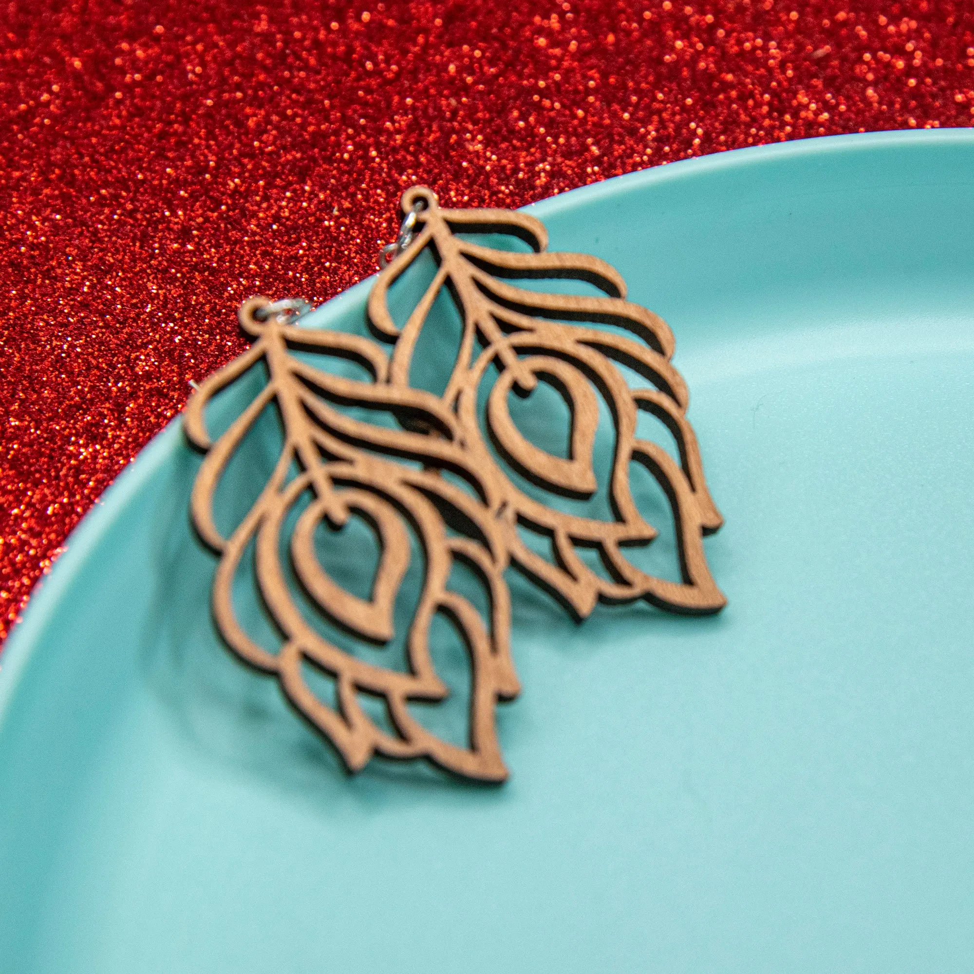 Peacock Feather Wood Earrings