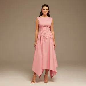 Pink Gathered Poplin Pleated Waist Midi Dress