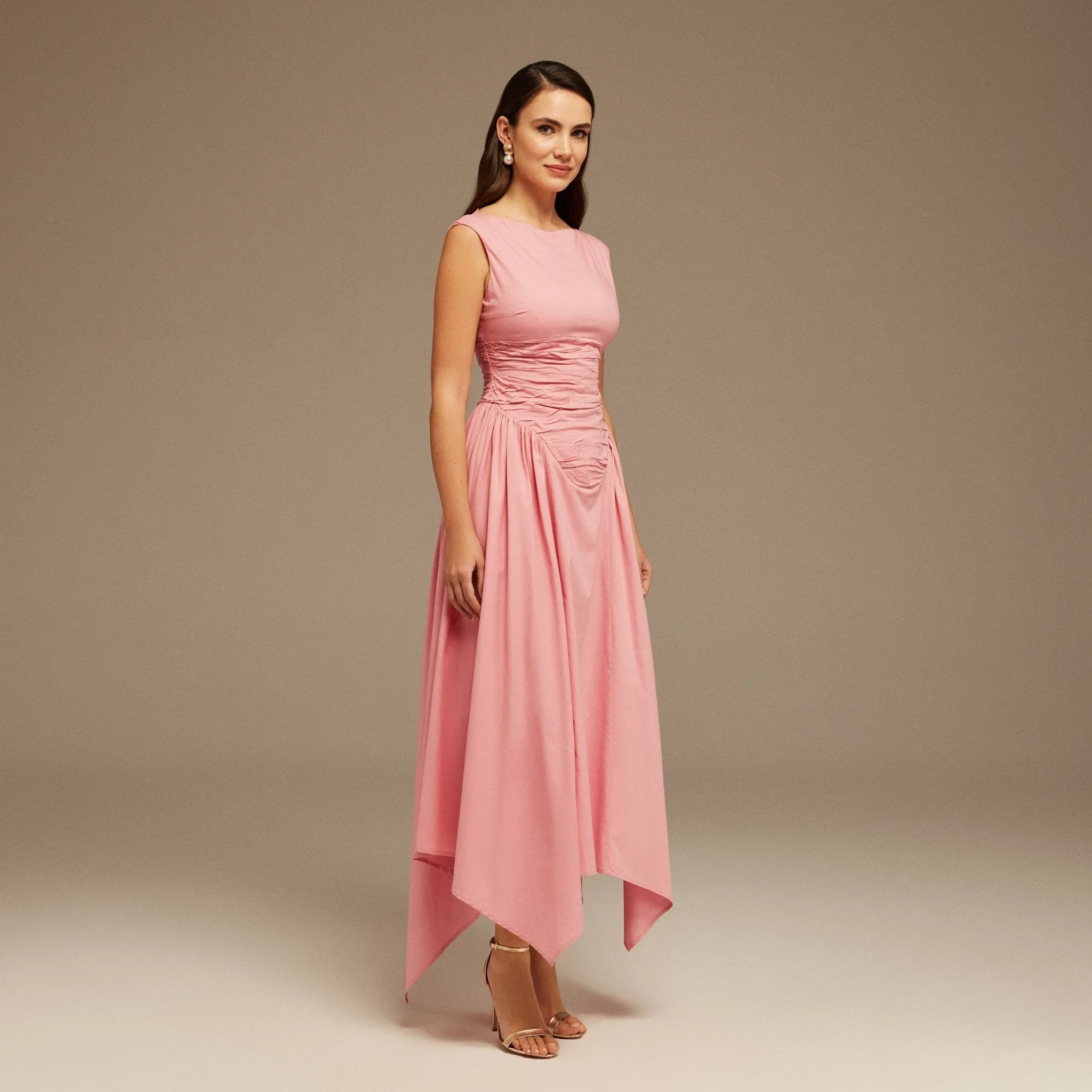 Pink Gathered Poplin Pleated Waist Midi Dress