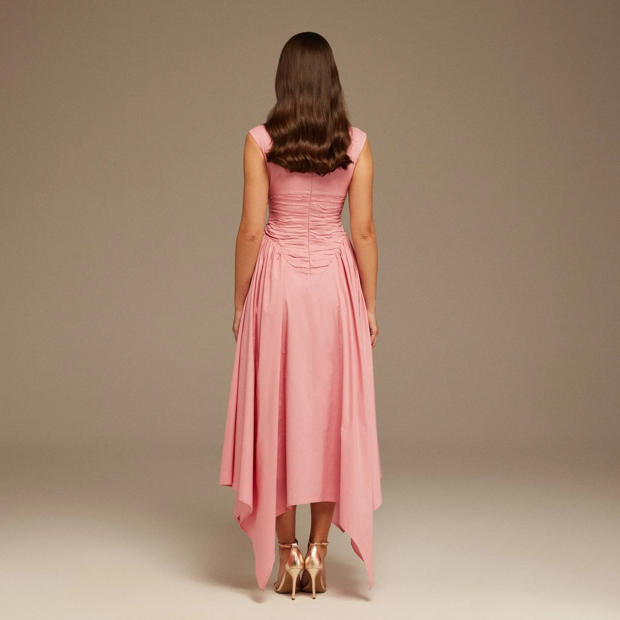 Pink Gathered Poplin Pleated Waist Midi Dress